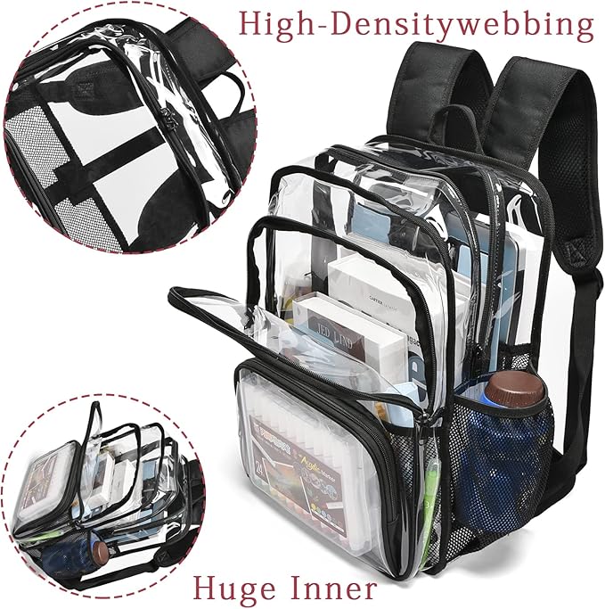 Clear Backpack, 15'' Clear Backpacks for School Heavy Duty See Through Bookbag Multi-pocket PVC Backpack for Men Women, Navy Blue
