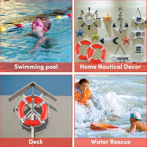 23" Life Ring with Floating Lifesaving Rope 50’ for Boating Safety, Boat Throw Rings with Reflective Strip,Orange Throw Ring with Grab Lines