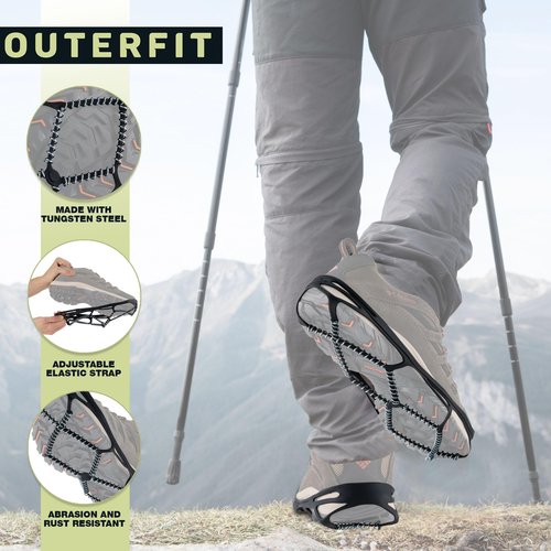 Outerfit Ice Cleats for Shoes and Boots Men and Women, Overshoe Non-Slip Crampons with Zinc Coated Steel Coils, Shoe Spikes for Snow and Ice, Snow Cleats, Ice Grips for Hiking, Fishing, Walking