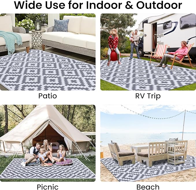 Smiry Waterproof Outdoor Rug 4x6 ft, Reversible Plastic Straw Patio Camping Rugs, Outdoor Indoor RV Mat Carpet for Patio, Outside Entry, Backyard, Deck, Bench, Picnic, Camper, White & Grey