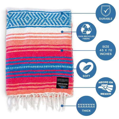 Benevolence LA Authentic Handwoven Mexican Yoga Blanket - Perfect for Picnic, Camping and More, Equestrian Saddle Serape Blanket 50x70 inches - Pack of 2