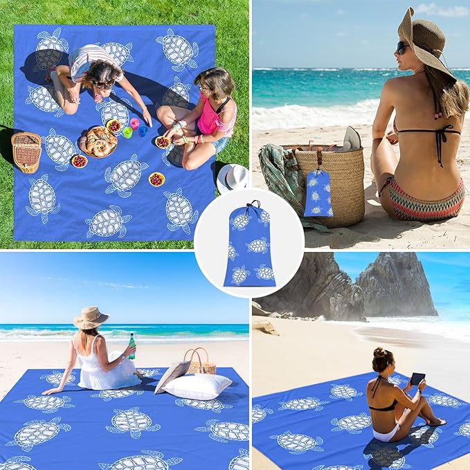 Beach Blanket Waterproof Sandproof, Blue Baby Sea Turtle Polyester Beach Mat Sand Free for 1-4 Adult, Extra Large 9×10 FT Portable Compact Picnic Blankets for Outdoor, Travel,Camping,Hiking