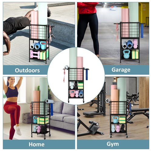 ETELI Weight Dumbbells Rack for Home Gym Yoga Mat Storage Rack Cart Small Metal Wood Home Gym Workout Equipment Storage with Hooks for Block Foam Rollers Resistance Bands, Black