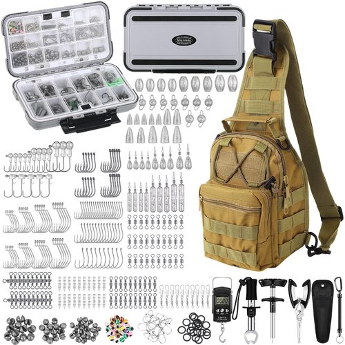 397 Pcs Fishing Accessories Kit Tools Include Backpack Fishing Tackle Box with Hooks Weights Sinkers Spinner Blade Gear(Simple Style,Khaki)
