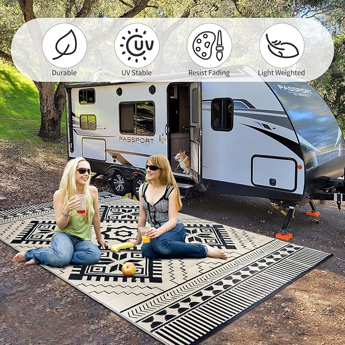 Waterproof Outdoor Rug 6x9ft, Boho Reversible Plastic Straw Mat for Patio RV Deck Porch Backyard Balcony Camping Picnic Beach Indoor Outdoor Carpet, Black&Beige