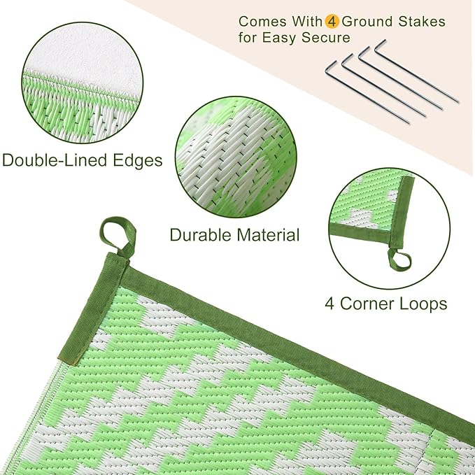 OPPODREAM Outdoor Rug 9x12 Patio Waterproof, Large Outdoor Plastic Straw Rug, Reversible Out Door Carpet for Camping, Deck, Rv, 9 x 12 Area Carpet for Balcony, Porch, Backyard, White and Green