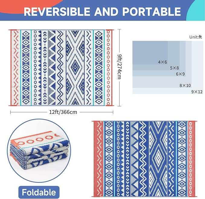 Outdoor Rugs Patio Camping Waterproof - 9x12 Plastic Straw Patio Rug Portable for Campers, Outside RVs Mat, Outdoor Area Carpet for Patios Clearance, Backyard Porch, Balcony, Picnic