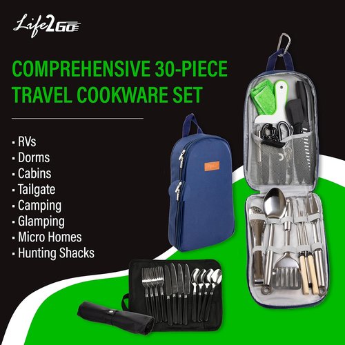 12 Pcs Camp Cooking Utensil Set & Outdoor Kitchen Gear Cookware Kit, Portable Compact Carry Case for Camping, Hiking, Travel, BBQ Grilling Stainless Steel Accessories Spoon & Fork, Navy