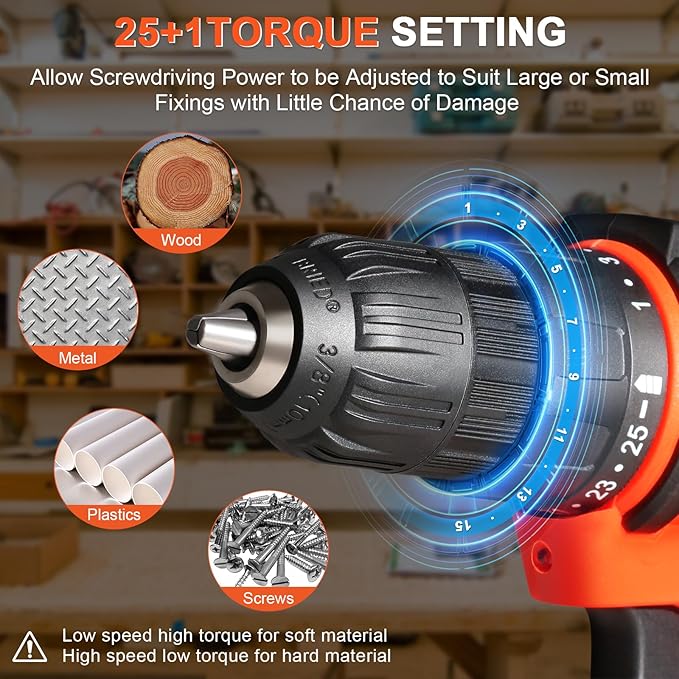 12v Drill Driver Set,Cordless Drill with Battery and Charger,LED Tools Kit,25+1 Torque Setting and 43pcs Bits