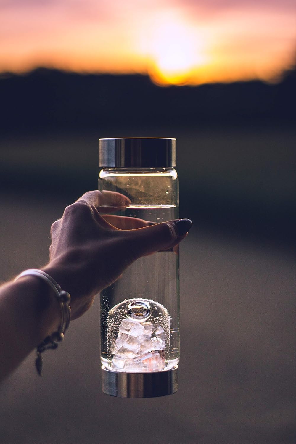 VitaJuwel ViA LUNA | Crystal Water Bottle with Rainbow Moonstone and Clear Quartz for Intuition, Empathy, Femininity