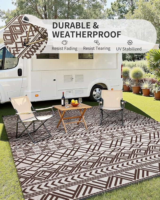 MontVoo-Outdoor Rug Carpet Waterproof 6x9 ft Reversible Patio Rug RV Camping Rug-Plastic Straw Rug Outside Indoor Outdoor Area Rug for Patio Deck Balcony Picnic Beach Outdoor Decor Boho Beige Brown