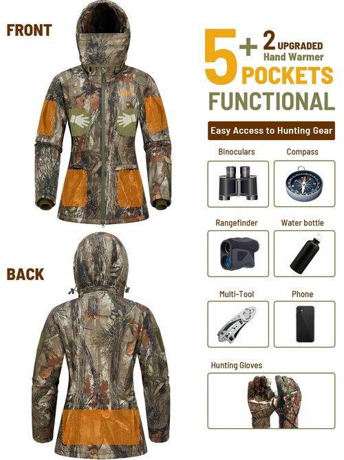 NEW VIEW Womens Hunting Clothes, Upgraded Ultra-Quiet Water Resistant Camo Hunting Jacket for Duck Waterfowl Deer Hunting, Nv Camo Leaf, Large