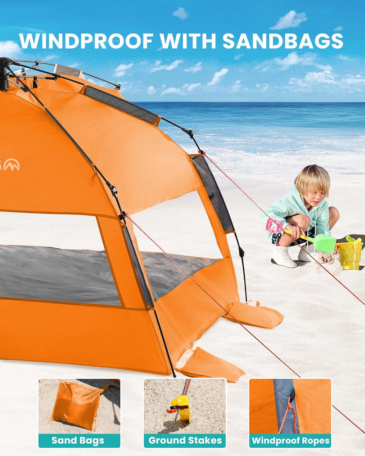 OutdoorMaster Beach Tent Sun Shelter for 3-4 Person, Pop Up Beach Tent Easy Setup with Sandbags, Portable Sun Shade Canopy with Carrying Bag for Beach & Outdoor, UPF50+ UV Protection, Family Size