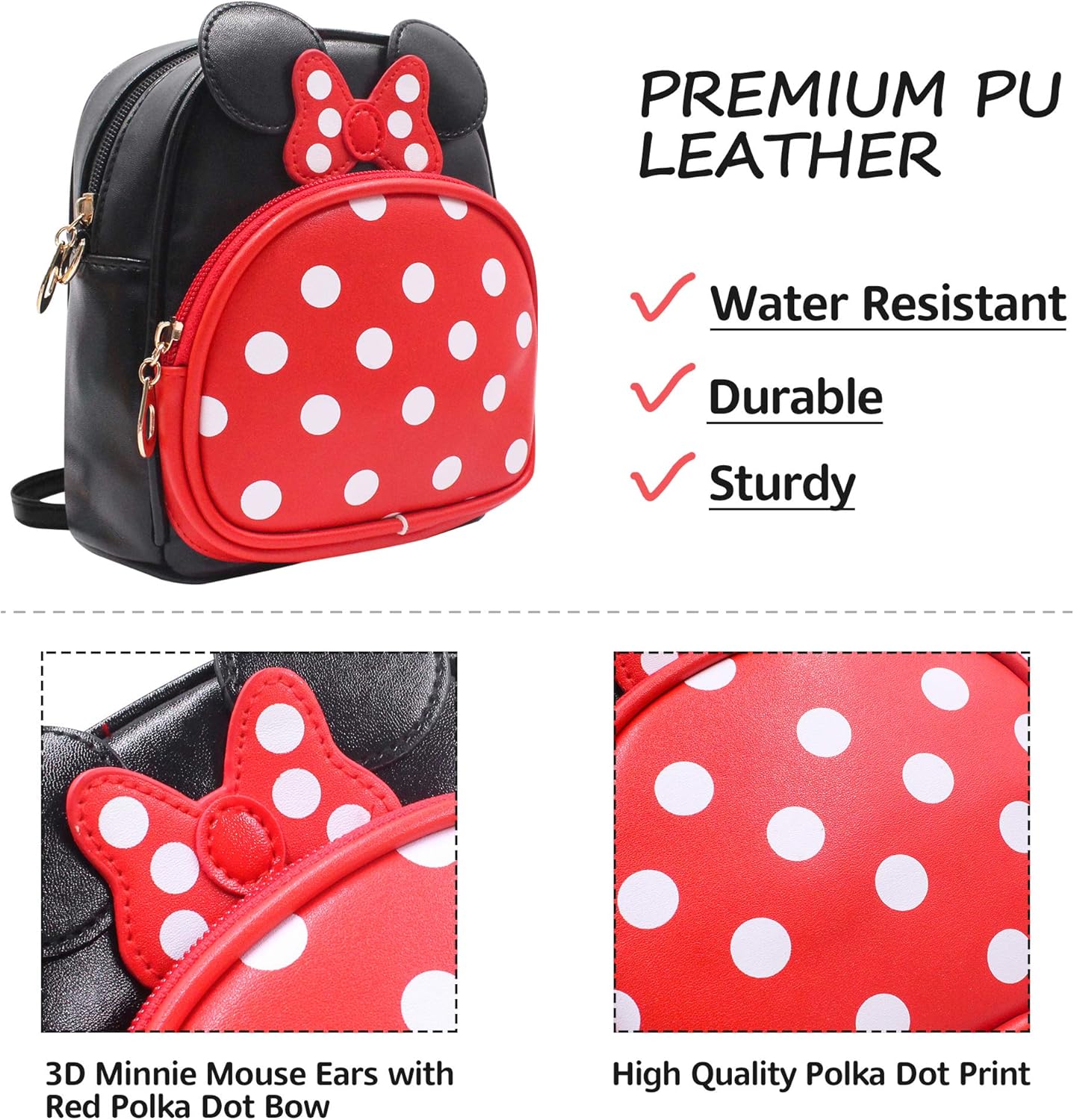 Minnie Polka Dot Backpack Small 2-in-1 Crossbody bag Mini Backpack - Multifunction Makeup Travel Mini Handbag with Long Shoulder Adjustable Strap PU Leather for Women Girls (Red/Black)