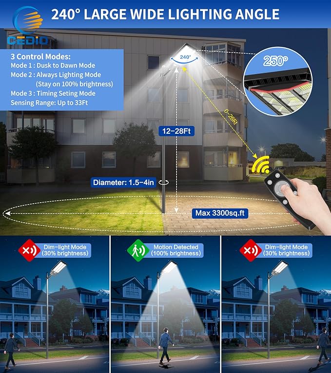 CEDIO Solar Street Lights Outdoor, 9800W Solar Lights Outdoor, 450000 Lumens LED Street Light Waterproof IP67 Dusk to Dawn,LED Flood Light with Motion Sensor (9800W-1PC)