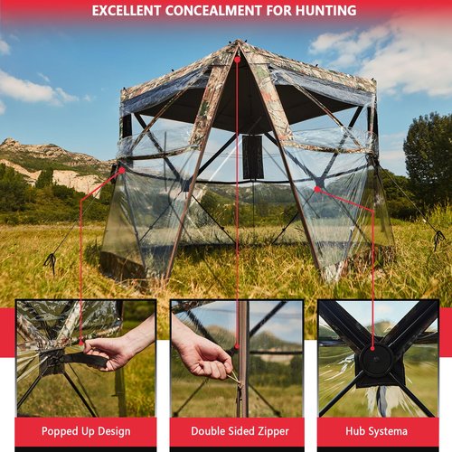 PHYSKE Hunting Blinds, Ground Blind See Through, Portable 2-3 Person, 270 Degree Pop-up Hunting Blind, Camouflage Hunting Blind for Deer & Turkey Hunting with Camouflage Cover(Standard)