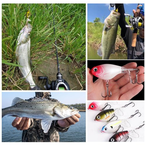 RTGSE 10Pcs Top Water Fishing Lures with Floating Rotating Tail Whopper Fishing Lure for Bass Barb Treble Hooks in Saltwater Freshwater Plopping Lures Kit