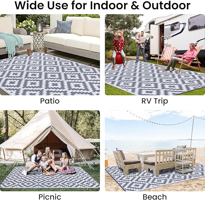Smiry Waterproof Outdoor Rug 6x9 ft, Reversible Plastic Straw Patio Camping Rugs, Outdoor Indoor RV Mat Carpet for Patio, Outside Entry, Backyard, Deck, Bench, Picnic, Camper, White & Grey