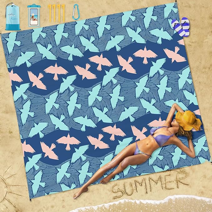 Beach Blanket Sandproof Waterproof 78''×81''1-5Adults Oversized,Compact Lightweight Durable Beach Mat for Travel Camping Hiking Picnic Blanket