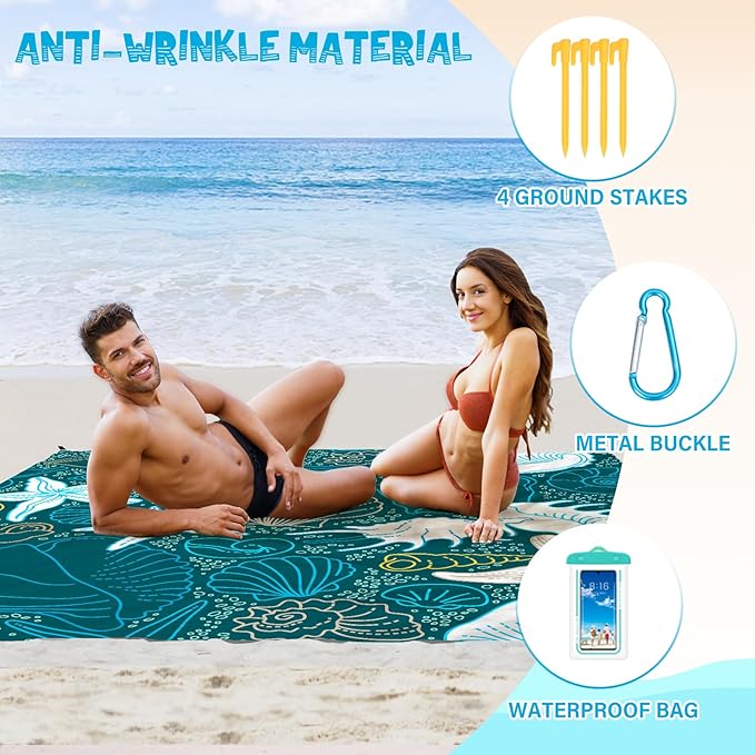 Beach Blanket Waterproof Sandproof 1-7 Adult Oversized 78 '' × 110 '' Lightweight Durable Compact Sand Free Beach Mat for Travel Camping Hiking Picnic Blanket Extra Large