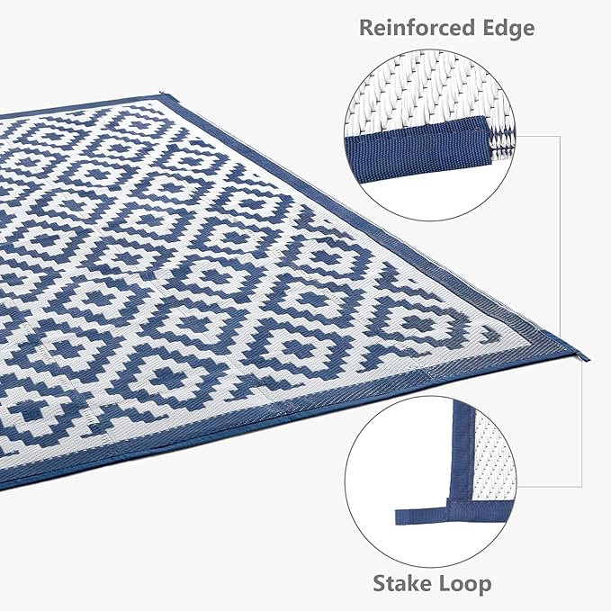 6x9 ft Outdoor Rug Waterproof, Plastic Straw Patio Carpet - UV Resistant Reversible Indoor Outdoor Rugs for Porch, Camping, Poolside, RV, Balcony, Easy to Clean, Blue and White