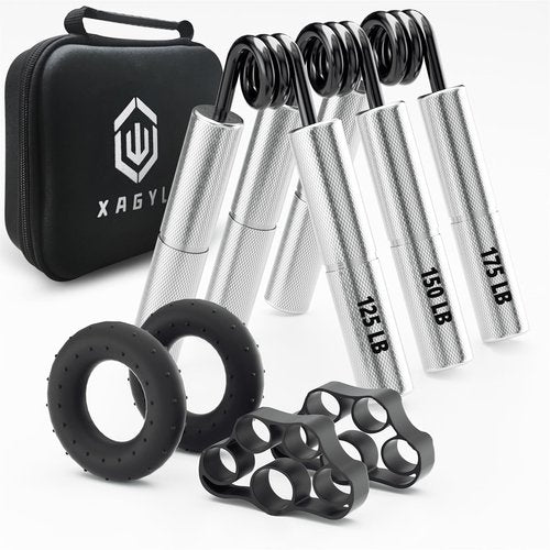 Professional Hand Grip Strengthener Trainer Kit, 125-175LB Metal Hand Gripper with 2 Finger Stretcher & 2 Grip Ring Wrist Foream Strengthener Exercise Workout Trainer for Professionals (Silver)