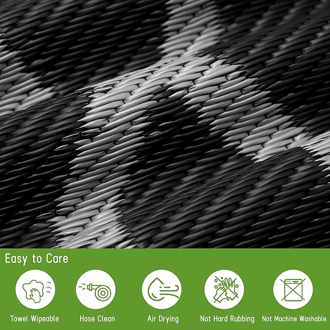 Easy-Going Reversible Outdoor Rugs 5x8ft Waterproof Plastic Straw Rug Stain & UV Resistant Floor Mat for Patio Porch RV Backyard Pool Deck Picnic Beach Trailer Camping (Moroccan Black & Light Grey)