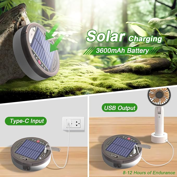 Camping String Light 4 in 1 Quick Storage 42ft Solar /USB Rechargeable 3600mAh Waterproof Hanging Outdoor Camping Lantern with 8 Lighting Modes, Portable Tent Lights for Hiking, Yard, RV (Warm Light)