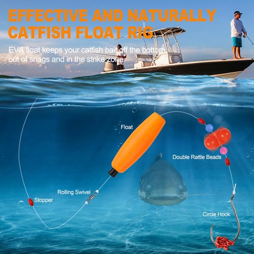 AGOOL Catfishing Tackle Making Kit Catfish Rig Accessories 124PCS Catfish Tackle with Catfish Floats Catfish Hooks Bobber Stoppers Swivels Fishing Rattle Bells Fishing Beads Santee Cooper Rig