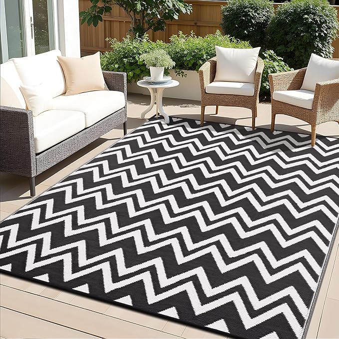 OLANLY Waterproof Outdoor Rug 6x9 ft Clearance, Reversible Outdoor Plastic Straw Rug, RV Mat, Indoor Outdoor Carpet for Patio, Camping, Balcony, Deck, Backyard, Black & White