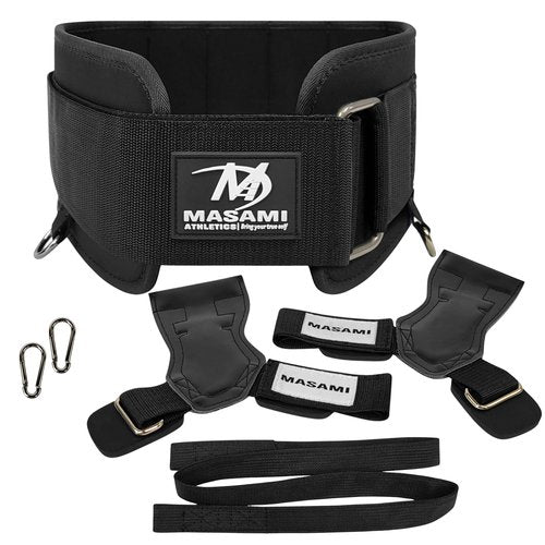 Masami Athletics 2-in-1 Weight Lifting Belt with Gloves - Self-Locking Weightlifting & Dip Set Belt with Rope & Gloves - Multi-Functional Belt for Lifting, Squats, Dips