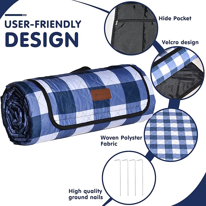 HX&OD Outdoor Picnic Blanket, Extra Large, 80''x60'' Waterproof Foldable Blankets Gingham Picnic Mat for Beach, Camping Grass Lawn Park Accessories Cute Couple Ideas Wedding (Blue, 80”x60”)