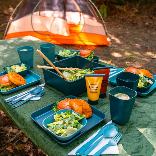 Coghlan's 4-Person Tableware Set for Camping and Outdoor Dining - Durable, Lightweight, Dishwasher Safe, Reusable, Includes Plates, Cups, Bowls, Cutlery in Portable Storage Container with Carry Handle
