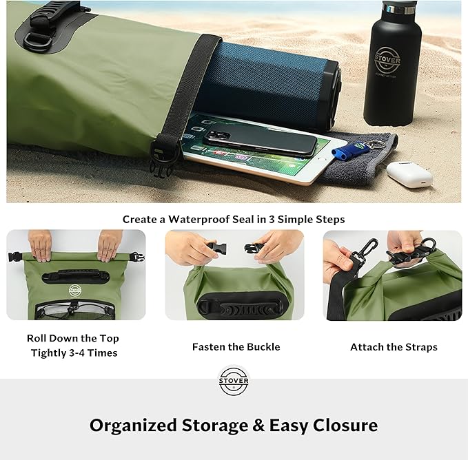STOVER 5/10/25/30/40/55L Waterproof Dry Backpack- Medium Floating Dry Bag for Kayaking, Travel, Tubing, Hiking, Fishing, Camping, Motorcycles & the Beach, Heavy-Duty Roll Top Men/Women (Green)
