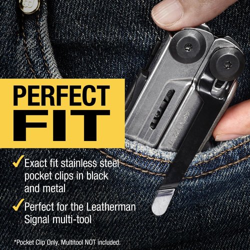 [2-Pack] Stainless Steel Pocket Clip - Perfect Fit For Leatherman Signal Multi-Tool - 1 Black + 1 Silver/Metal - Add Or Replace Broken Belt Clip in Seconds - Screwdriver Included For Easy Installation
