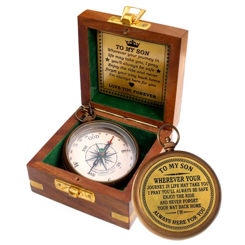 to My Son Compass with Wooden Box. Gift for Son from Mom Dad, Father to Son Gifts, Birthday Baptism Confirmation Communion, Mom to Son Gifts for Graduation Day, Compass for Women Men