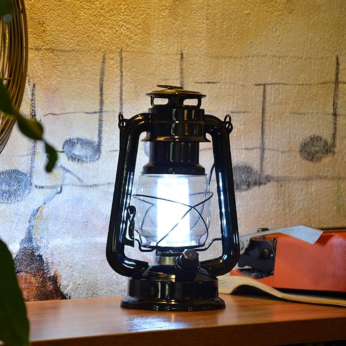 YAKii LED Vintage Metal Hanging Hurricane Lantern - 12 LED Dimmer Switch, Cold White, Battery Operated for Power Outage, Indoor Camping, Outdoor Brooklyn Lighting (Black 2 Pack)