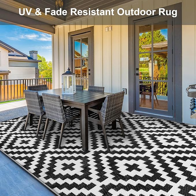 Outdoor Patio Plastic Straw Rug - 8'x10' Outdoor Camping Rug Waterproof Reversible, Area Carpet Patios Clearance RV, Outside Porch Balcony Deck for Camper, Black & White