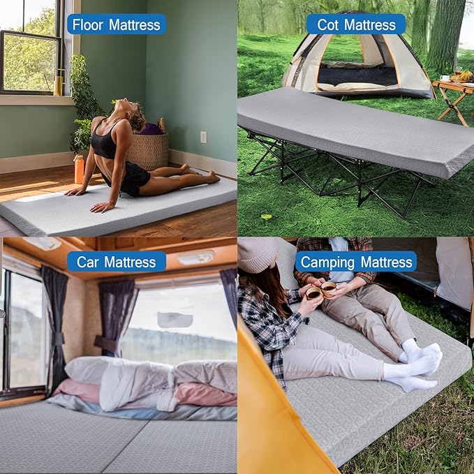 Memory Foam Camping Mattress Pad 3 Inch Thick, Portable Sleeping Pad with Waterproof Cover, Portable Roll Up Cot Mattress Pad Floor Mat for Travel Truck Bed Tent, 72"×24"×3", Gray