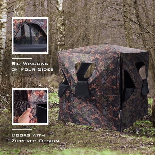 GYMAX Hunting Blind, 360 Degree See Through Ground Blind, 2-3 People Pop Up Deer Blinds, Portable Hunting Tent with Carry Bag