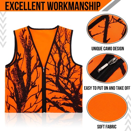 Berlune 2 Pcs Kids Hunting Vest & Beanie Set Reflective Hunting Clothes Blaze Vests for Night Hiking Outdoor(Orange,L,Pattern Style)