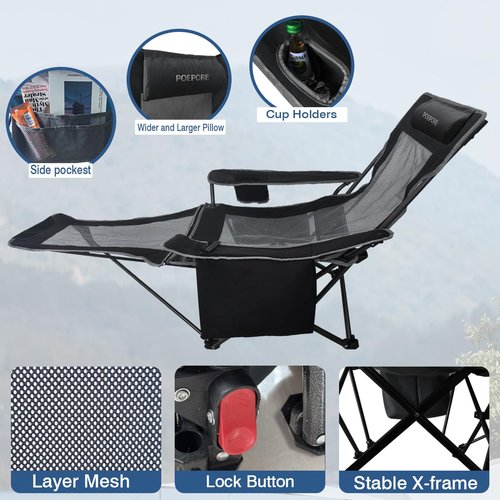 POEPORE Reclining Camping Chair 4 Position with Foot Rest Comfortable for Adults 265Ibs Folding Lounger Mesh Beach Chair with Cooler Bag,Cotton Cushion and Cup Holder for Outdoor Patio