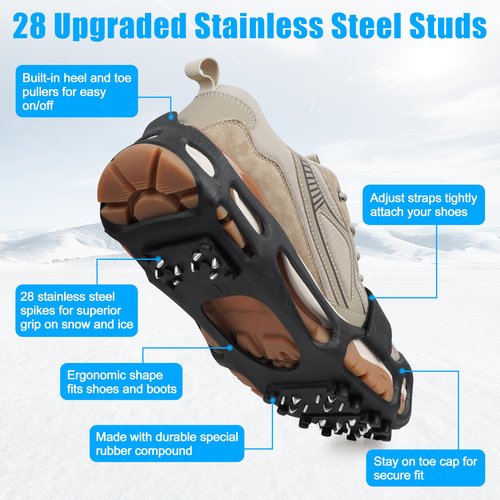 Ice Cleats Snow Traction Cleats Crampons for Shoes and Boots Men Women Anti Slip Ice Shoes Gripper Overshoe Slip-on Stretch Footwear (28 Steel with Straps, X-Large(10.5-13 men/11.5-14 Women))