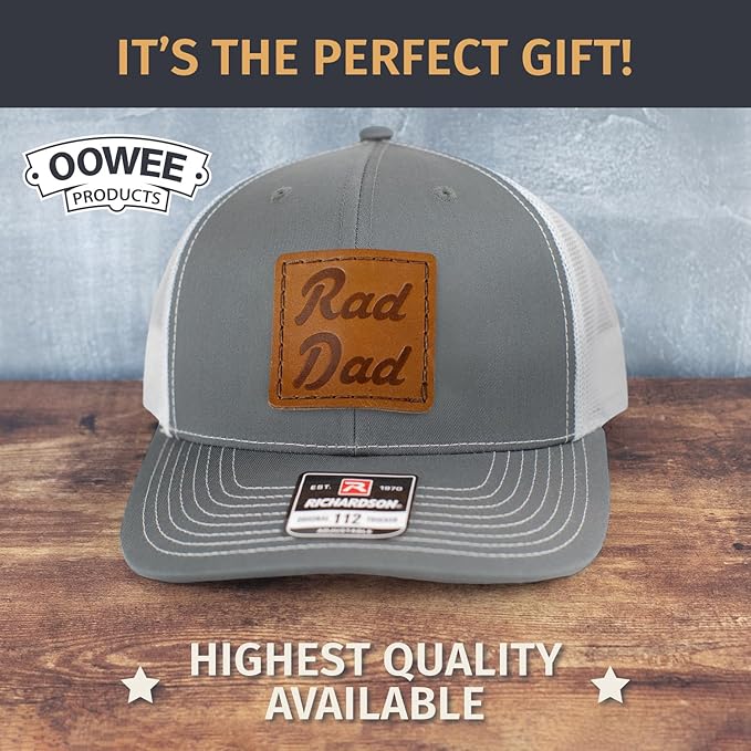 Leather Patch Hat for Men - Richardson 112 Trucker Hat w/Full-Grain Leather Patch, Laser-Engraved, Machine-Stitched