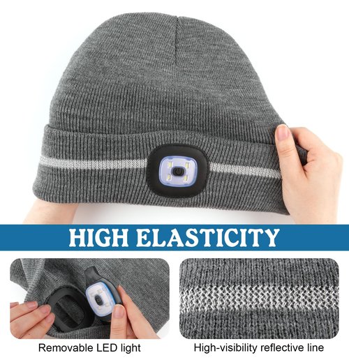 MELASA Reflective Stripe LED Beanie Safety High Visibility Winter Thermal Knitted USB Rechargeable Hat with Light Built in Suitable Outdoor Work Sports Gifts for Men Dad Fluorescent Yellow