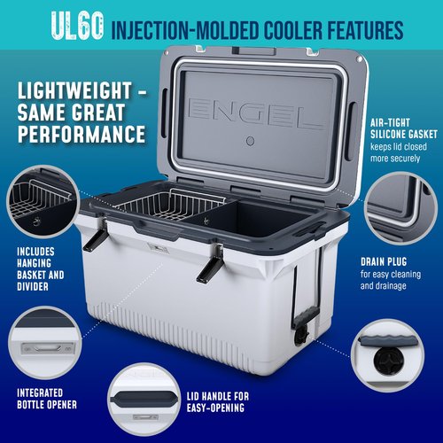 ENGEL 60 QT Ultra-Light Injection Molded Cooler - Ice Chest Keeps Ice 7 Days - Large Cooler Wire Basket, Divider and Built-in Bottle Opener - Fighting Lady Yellow with Dark Grey Interior (Yellow)
