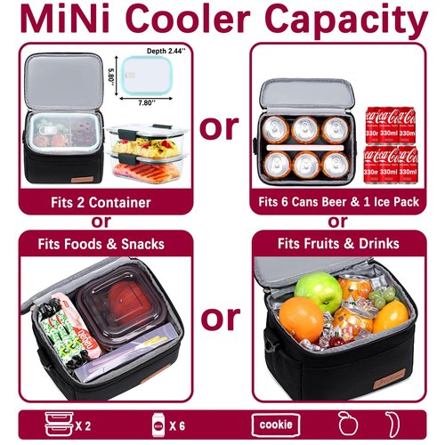 TuErcao 6 Can Mini Soft Cooler Bag for Beach Camping Travel Picnic Road Trip Leakproof Small Ice Chest, Insulated Cooler Lunch Box for Men Work, Black