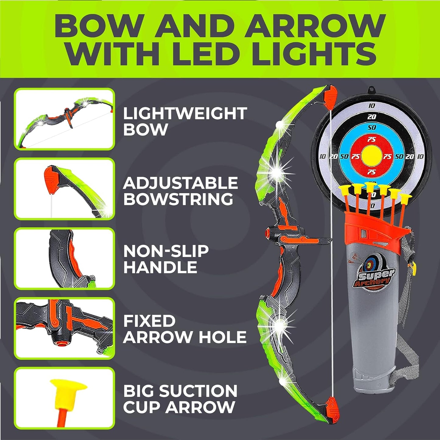 Toysery Kids Archery Set with LED Flash Lights, Toy Bow and Arrow Set for 6-8 Years Old Boys, Includes Archery Bow, 6 Archery Arrows, Target, Quiver - Great for Youth Practice