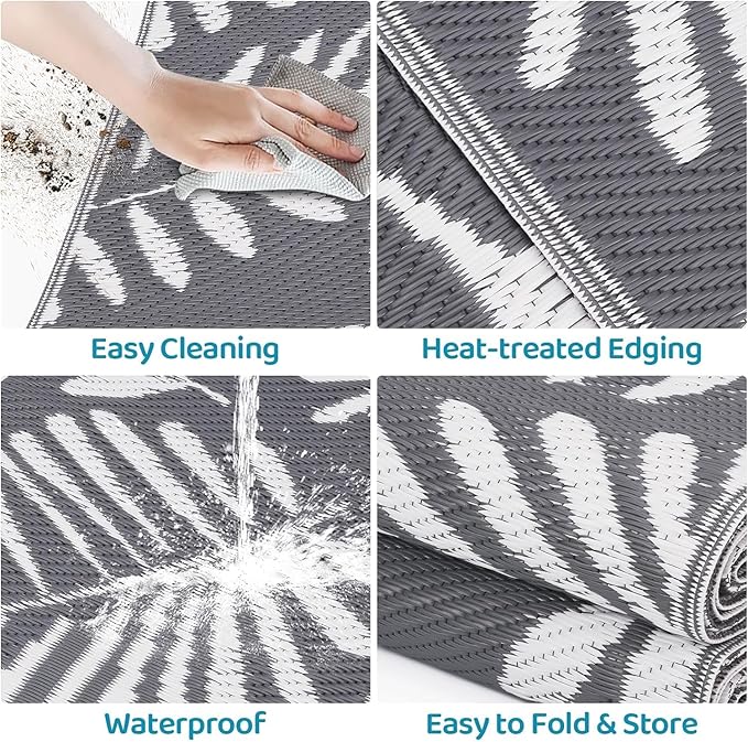 StepRite Outdoor Rug, Patio Rug, Plastic Straw Camping Rugs, Large Waterproof Area Rug and Mat for Outdoors, RV, Patio, Backyard, Deck, Porch, Beach, Balcony, (8'x 10', White&Gray)