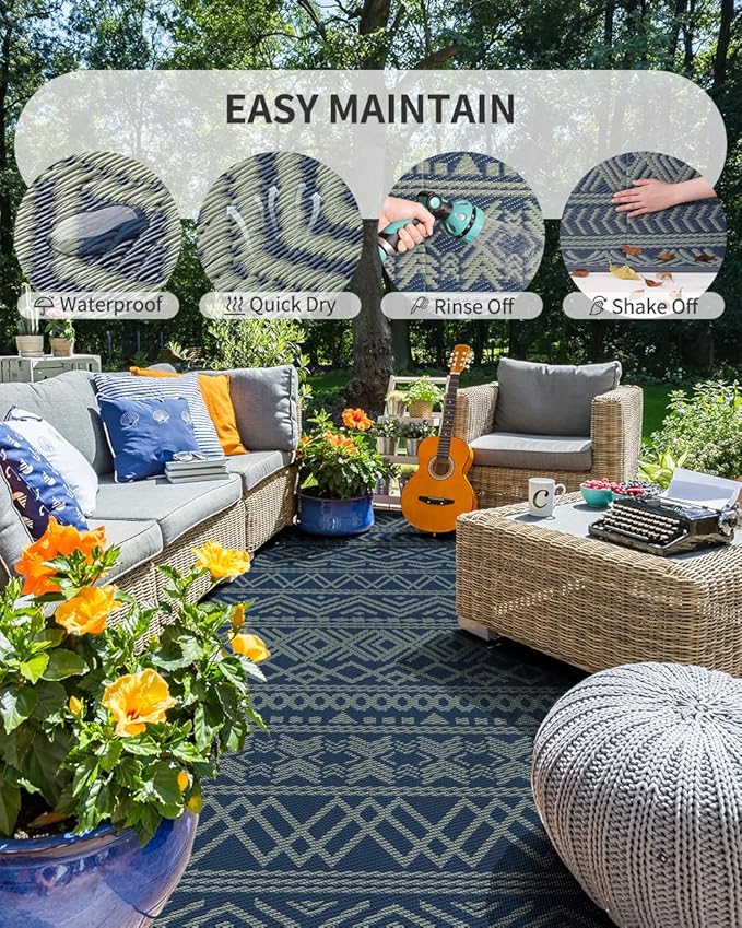 MontVoo Outdoor Rug Carpet Waterproof 6x9 Outdoor Patio Rug Mat Reverisble Plastic Straw Outdoor Rug for RV Camping Picnic Beach Balcony Boho Blue Green